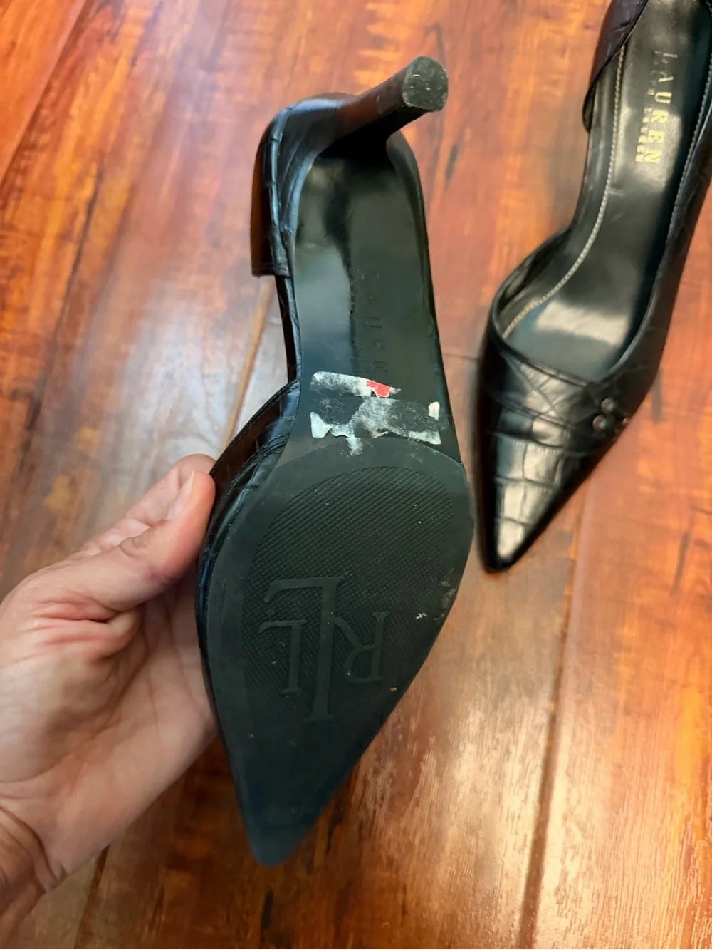 Lauren Ralph Lauren Black Croc-Embossed Pointed Toe Heels